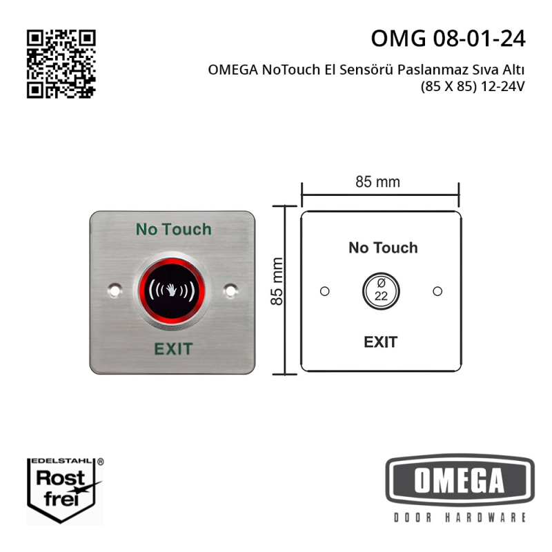 OMEGA NoTouch El Sensörü Paslanmaz Sıva Altı (85 X 85) 12-24V