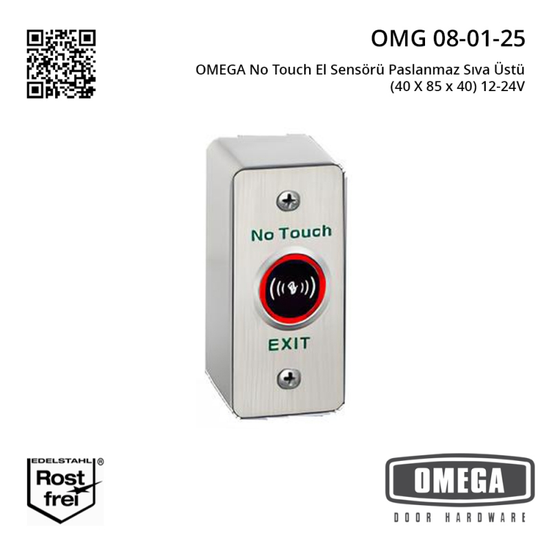 OMEGA No Touch El Sensörü Paslanmaz Sıva Üstü (40 X 85 x 40) 12-24V